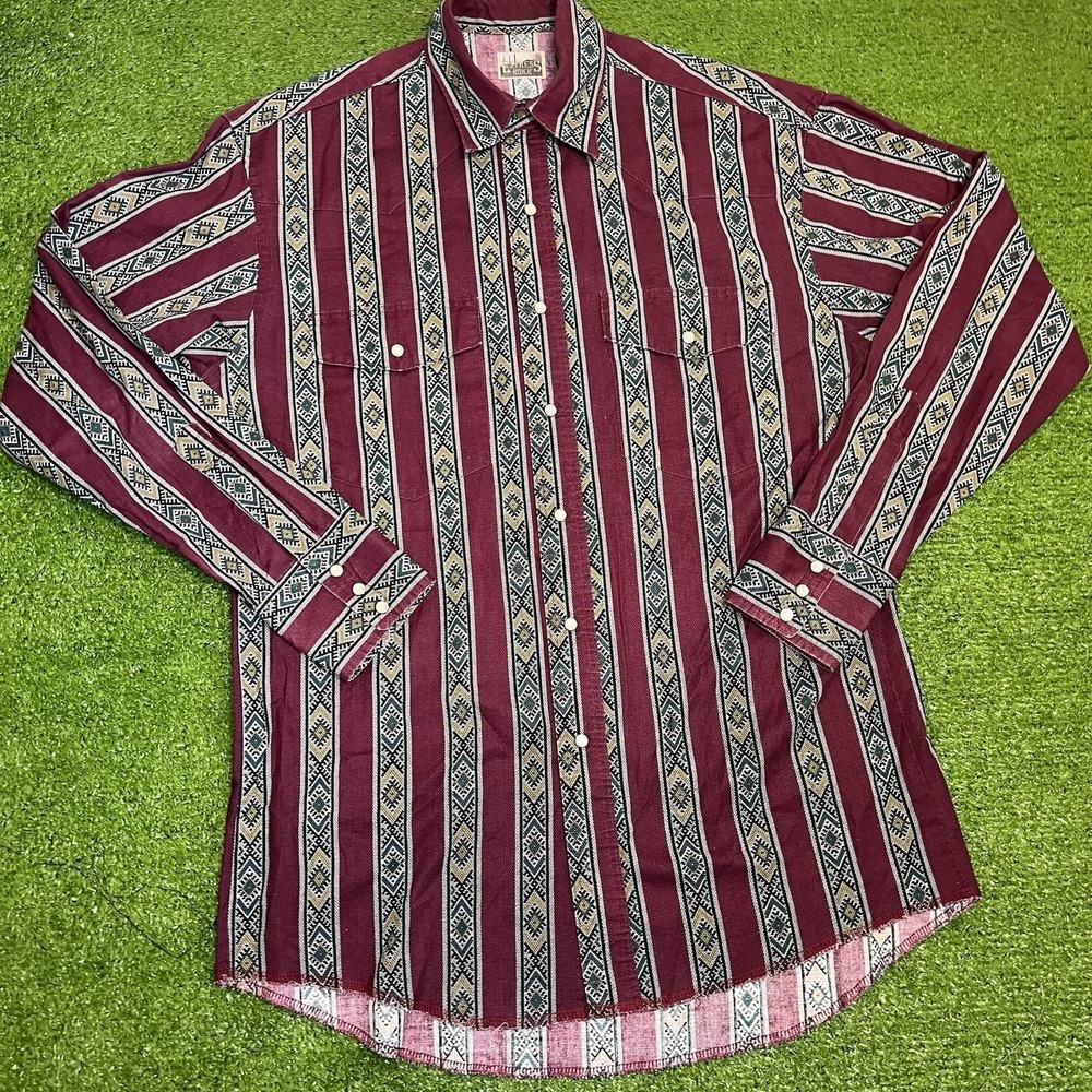 Vintage Aztec Pearl Snap Shirt LG SW‎ Pattern Maroon Western Rodeo